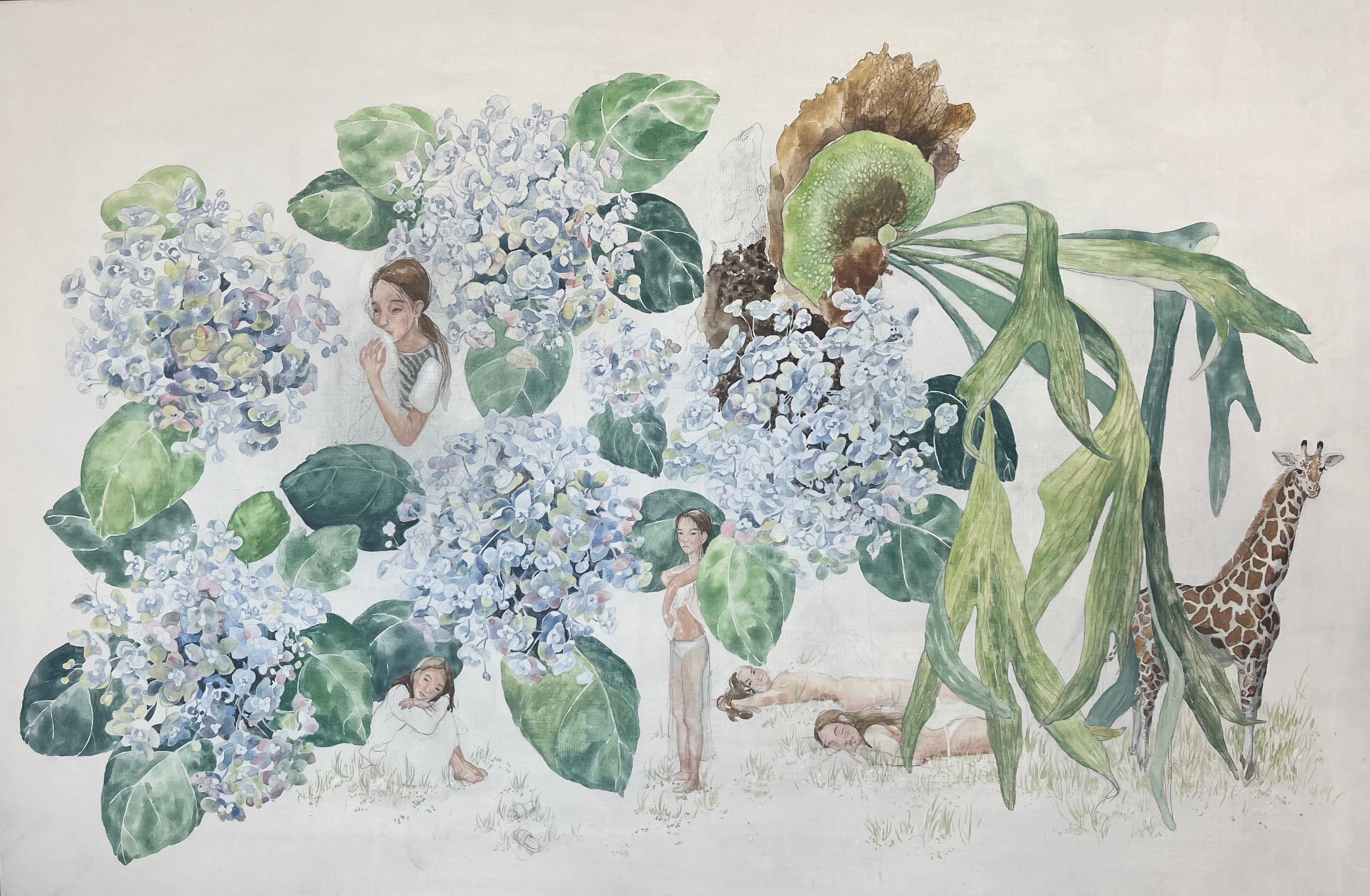 Breathing - Figures resting among blue hydrangeas