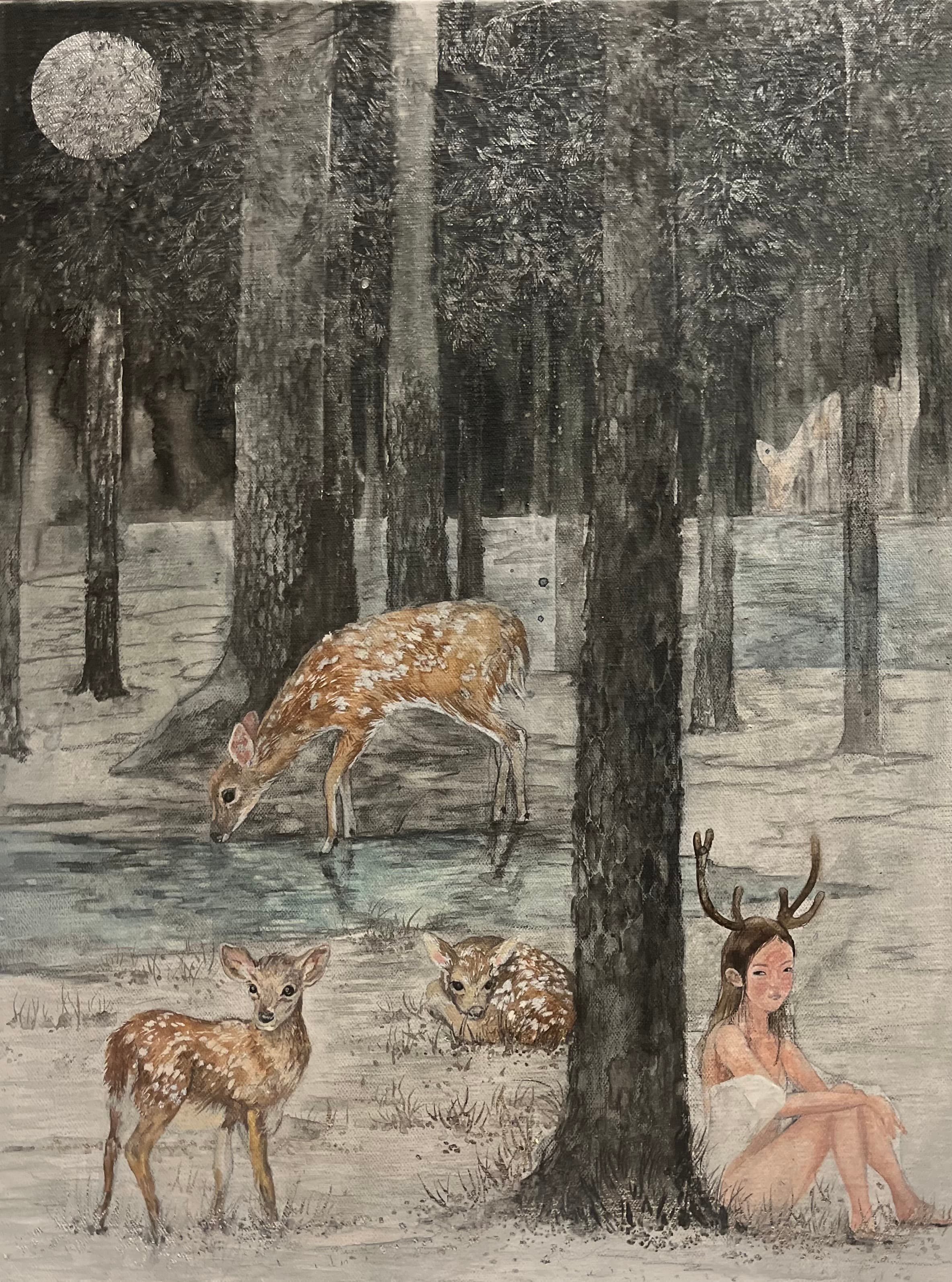 Spend sometime - Deer and a horned girl in moonlit forest
